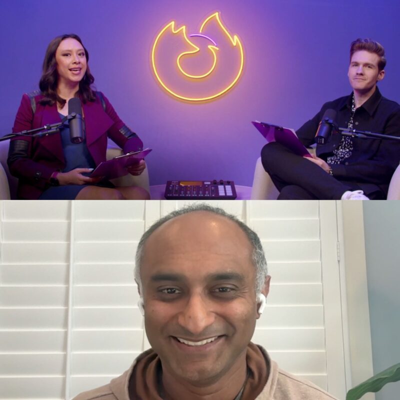 Outside the Fox hosts in studio with Firefox neon logo, with remote guest smiling in a split-screen interview