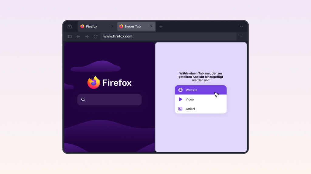 Firefox split view interface showing a browser tab selection menu with Website, Video and Article options.