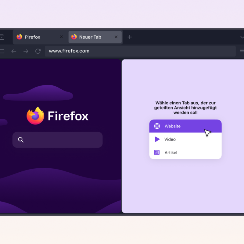 Firefox split view interface showing a browser tab selection menu with Website, Video and Article options.