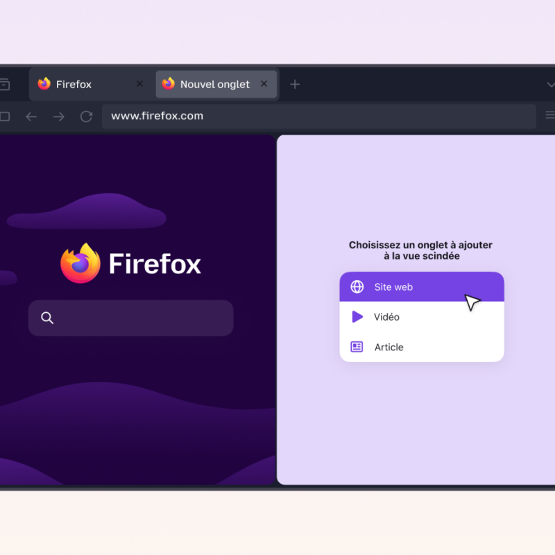 Firefox split view interface showing a browser tab selection menu with Website, Video and Article options.