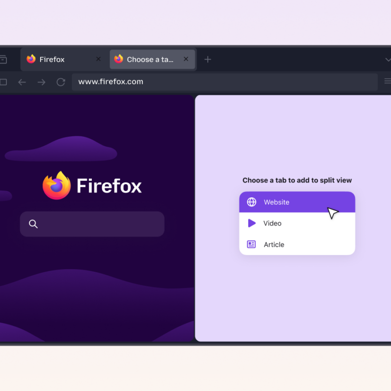 Firefox split view interface showing a browser tab selection menu with Website, Video and Article options.