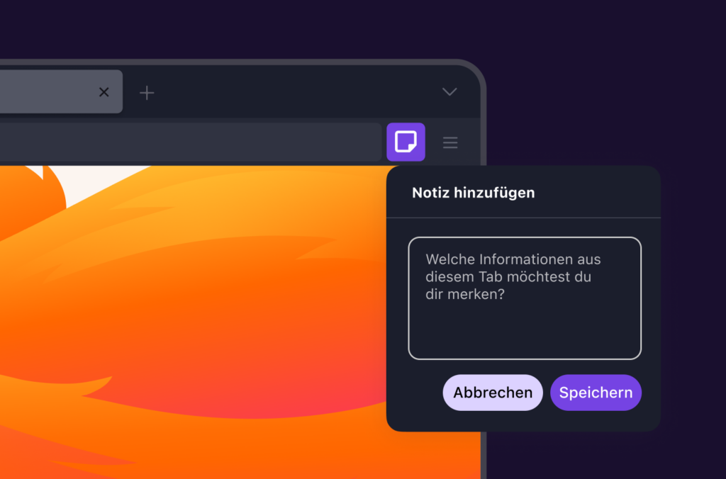 Firefox tab notes feature showing “Add note” popup to save information about an open tab.