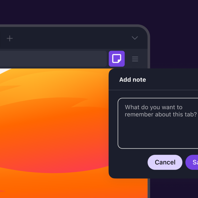 Firefox tab notes feature showing “Add note” popup to save information about an open tab