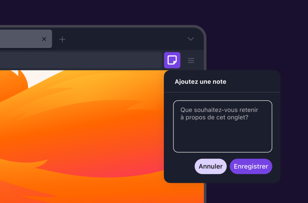 Firefox tab notes feature showing “Add note” popup to save information about an open tab.