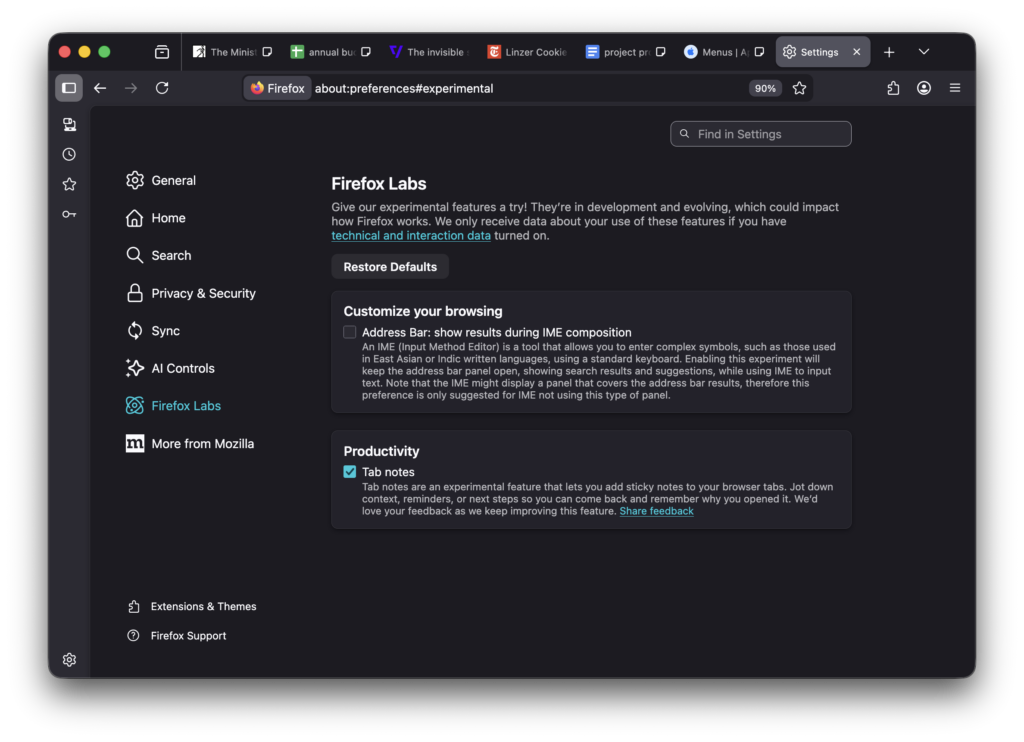 Firefox Labs settings page in dark mode showing Tab notes enabled as an experimental productivity feature.