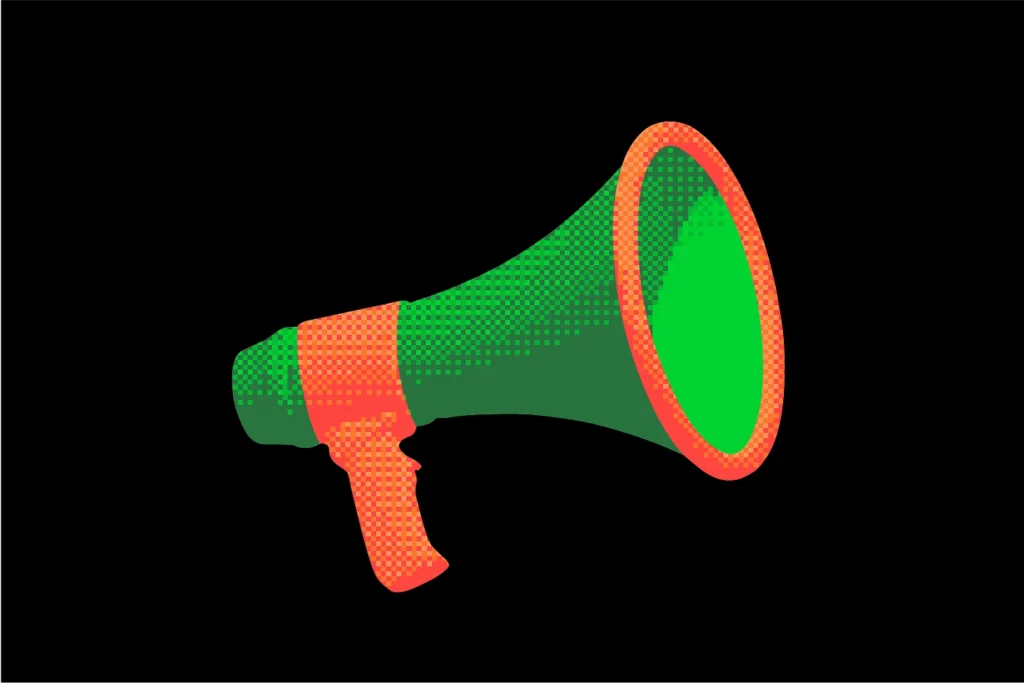 Green and orange megaphone illustration on black background, symbolizing announcement or communication