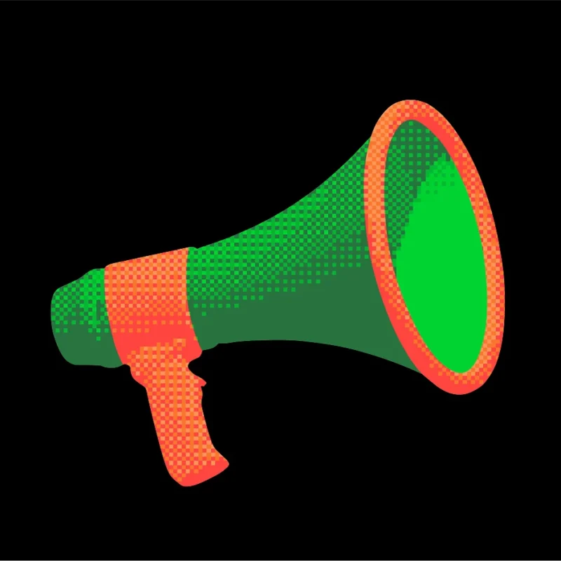 Green and orange megaphone illustration on black background, symbolizing announcement or communication