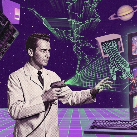 Retro-futuristic scientist using an open-source AI scanner to analyze floating vintage technology and digital data streams in space.