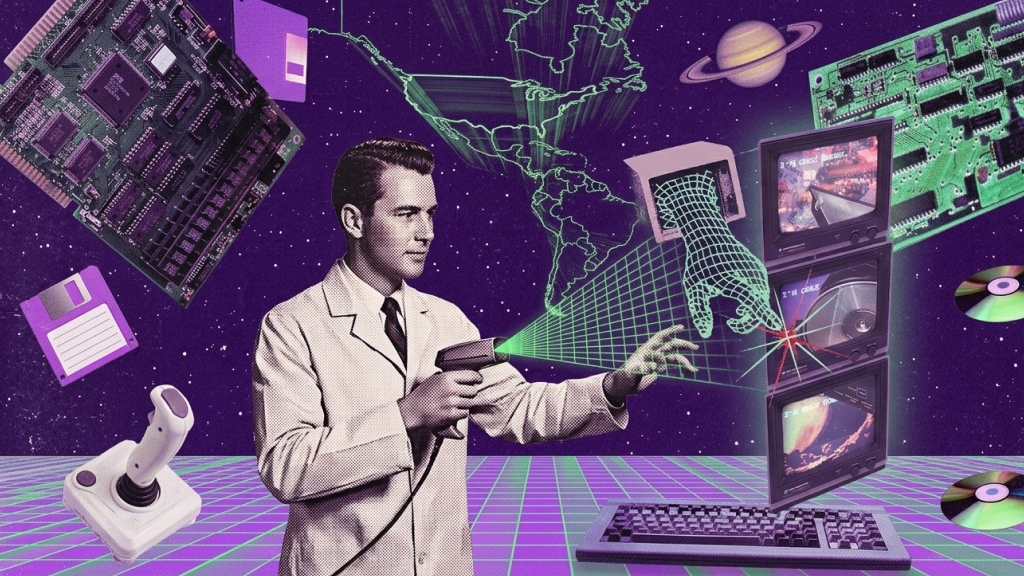 Retro-futuristic scientist using an open-source AI scanner to analyze floating vintage technology and digital data streams in space.