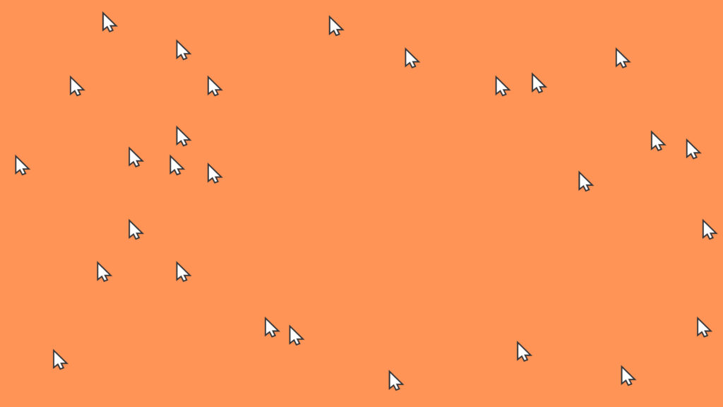 Multiple white cursor arrows scattered across a bright orange background.