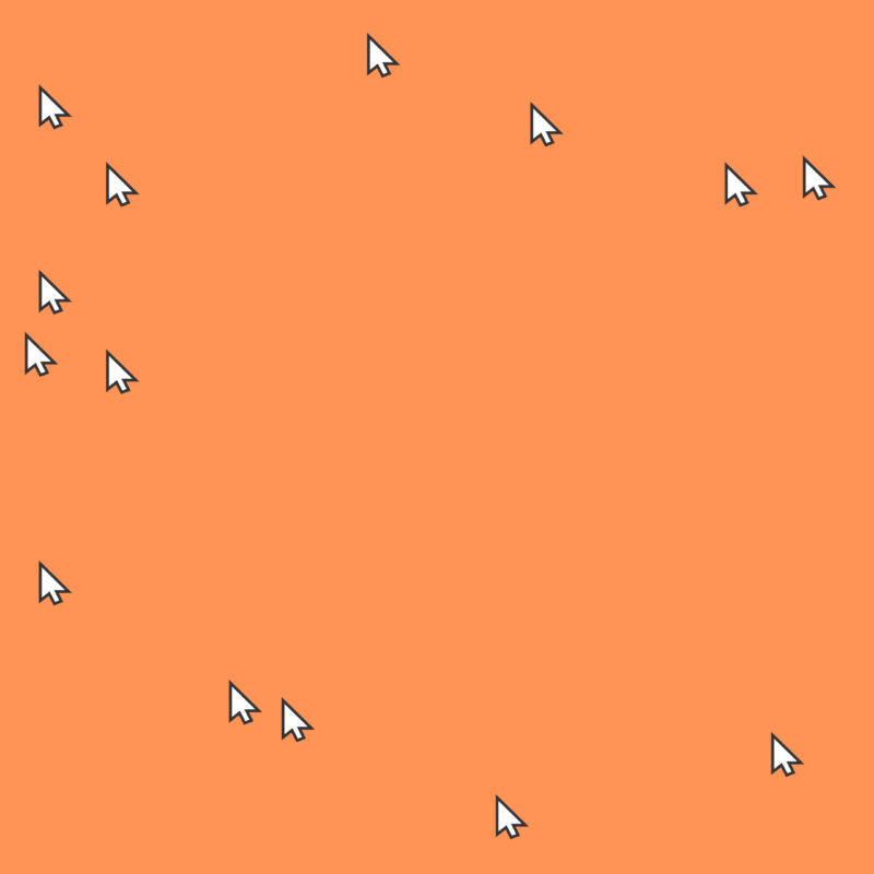 Multiple white cursor arrows scattered across a bright orange background.