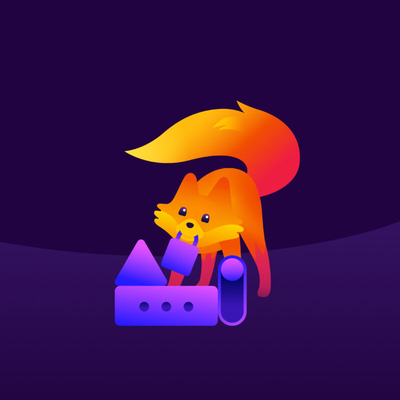 Firefox mascot organizing purple icons with a padlock