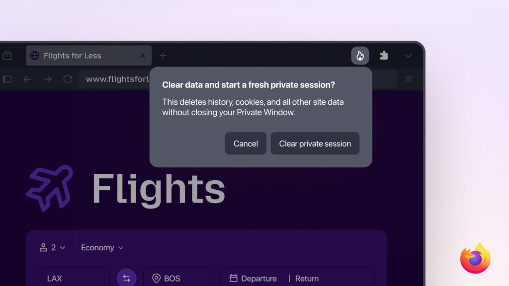 Firefox private browsing window showing option to clear private session data