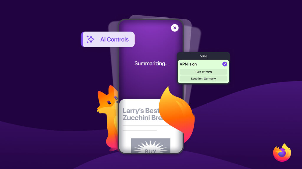 Firefox mobile AI Controls summarizing a recipe page with VPN turned on