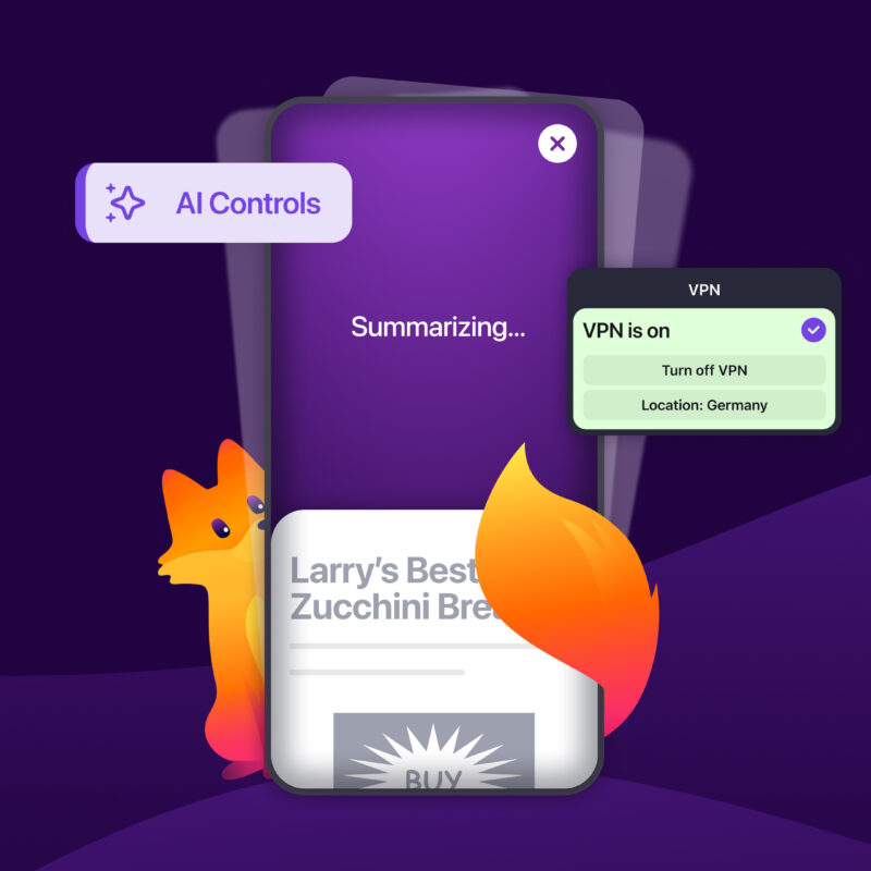 Firefox mobile AI Controls summarizing a recipe page with VPN turned on
