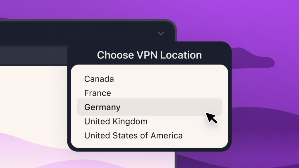 VPN location menu showing Germany selected from a list of countries