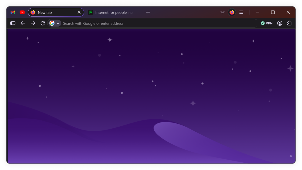 Firefox browser new tab with purple starry theme and VPN enabled