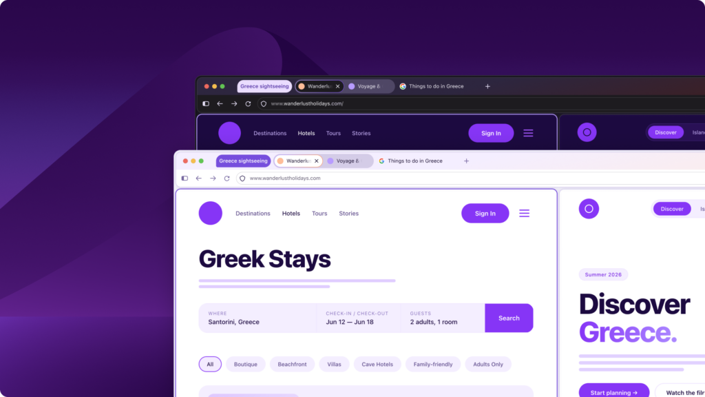 Firefox browser windows showing travel tabs for Greece sightseeing and hotels
