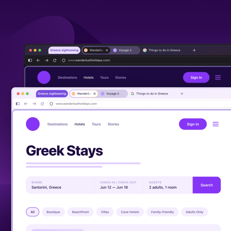 Firefox browser windows showing travel tabs for Greece sightseeing and hotels