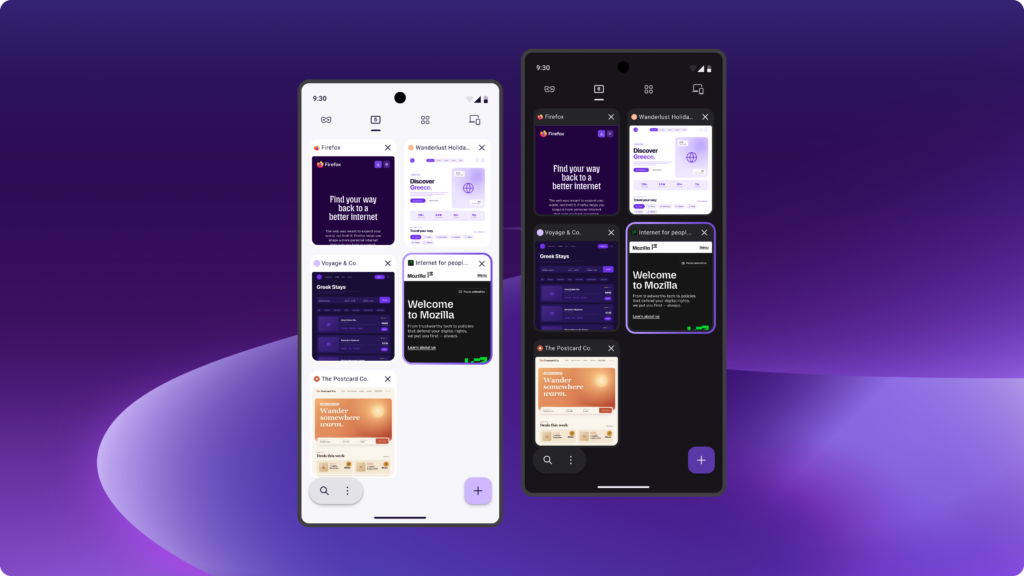 Firefox mobile tab overview in light and dark mode on two phones with travel and Mozilla tabs