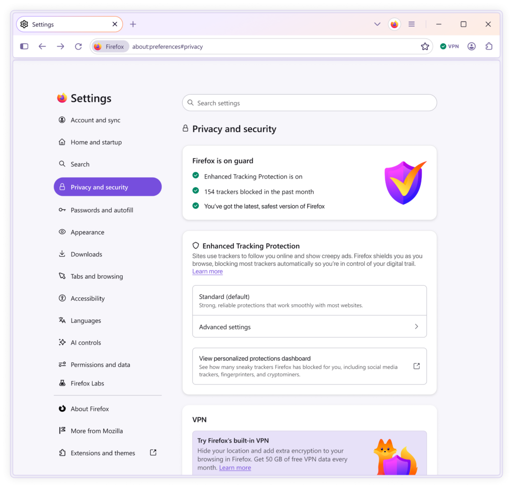 Firefox privacy and security settings showing Enhanced Tracking Protection and VPN options