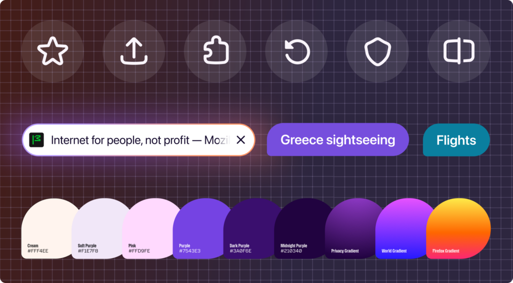 Firefox design system showing browser tab styles, icons and purple color palette
