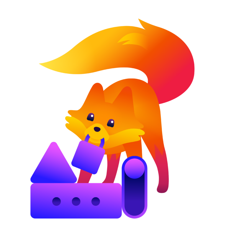 Firefox mascot organizing colorful shapes on a black background