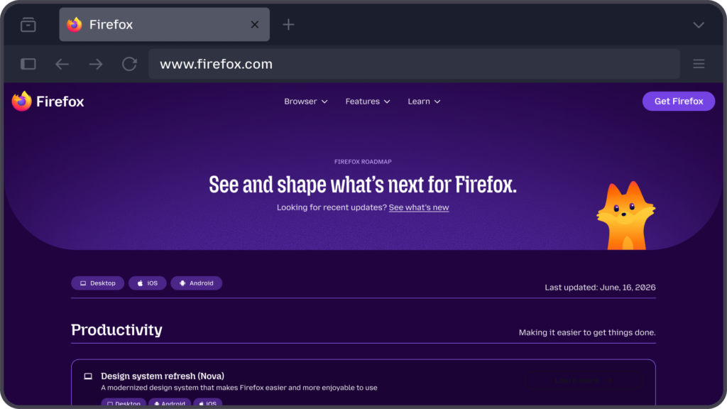 Firefox roadmap page shown in a dark browser theme with a productivity section and fox illustration.
