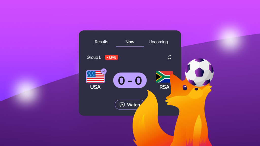 Firefox fox mascot balances soccer ball beside live World Cup match score widget.