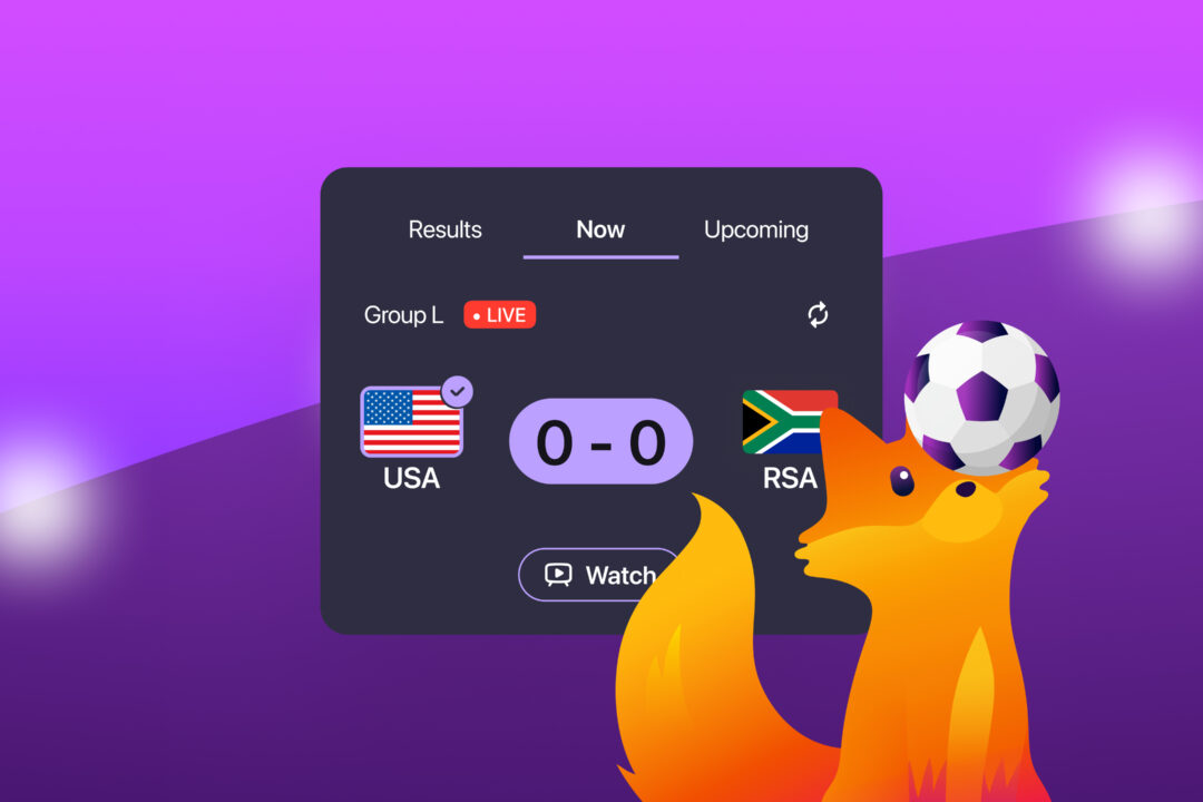 Firefox fox mascot balances soccer ball beside live World Cup match score widget.