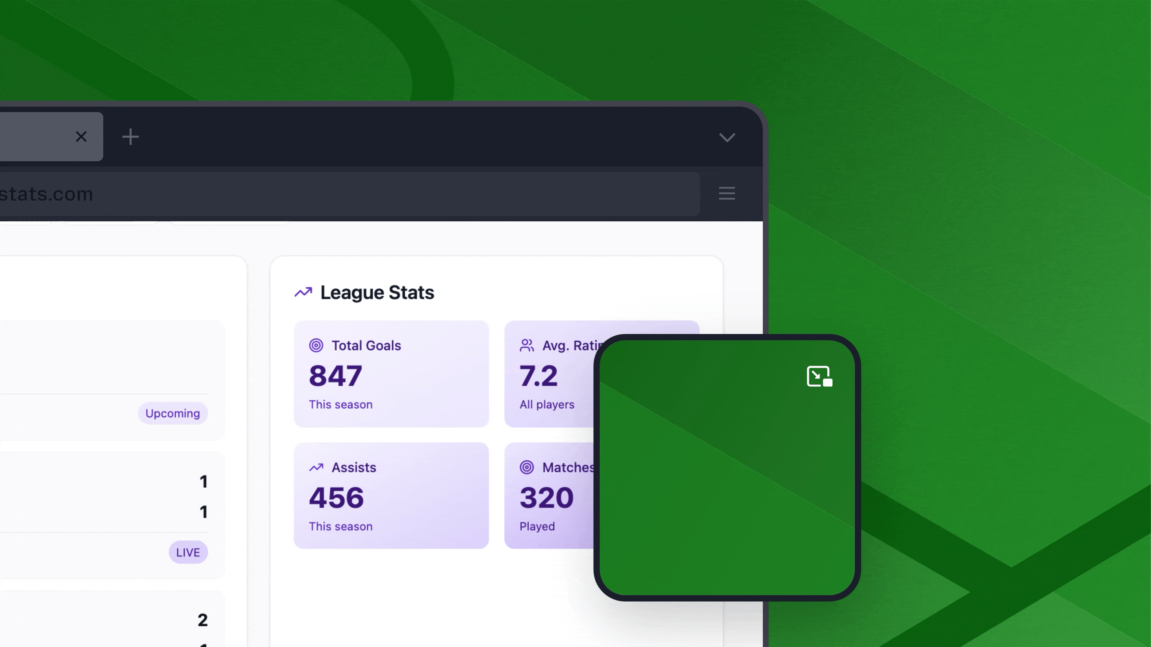 Firefox picture-in-picture window shows fox chasing soccer ball over soccer stats page.