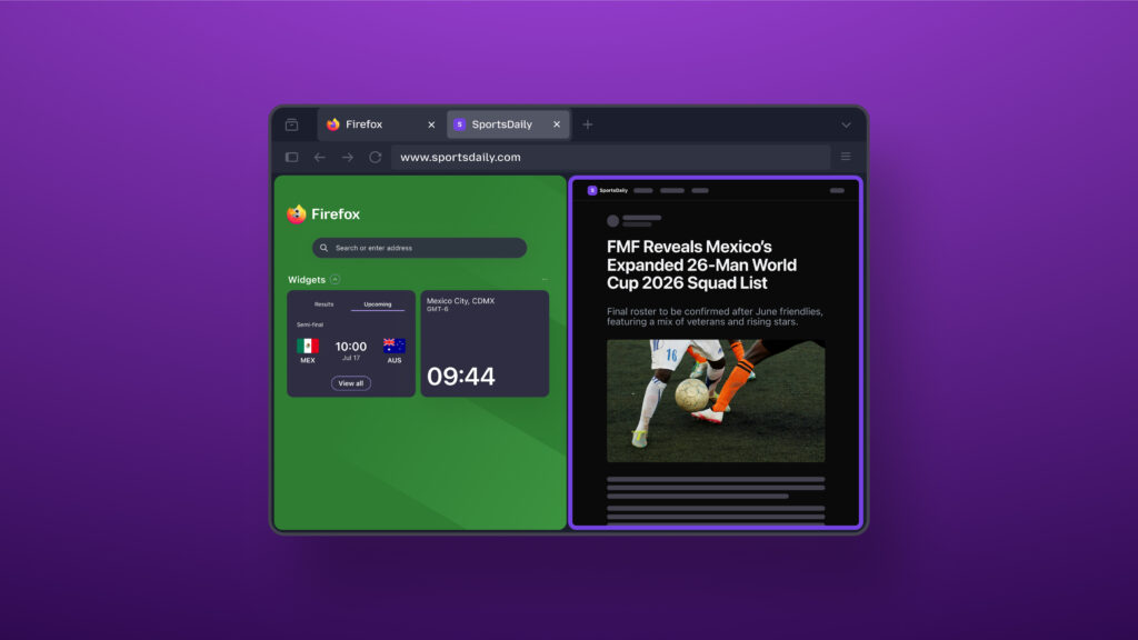 Firefox Split View shows World Cup widgets beside a sports article in one browser window.