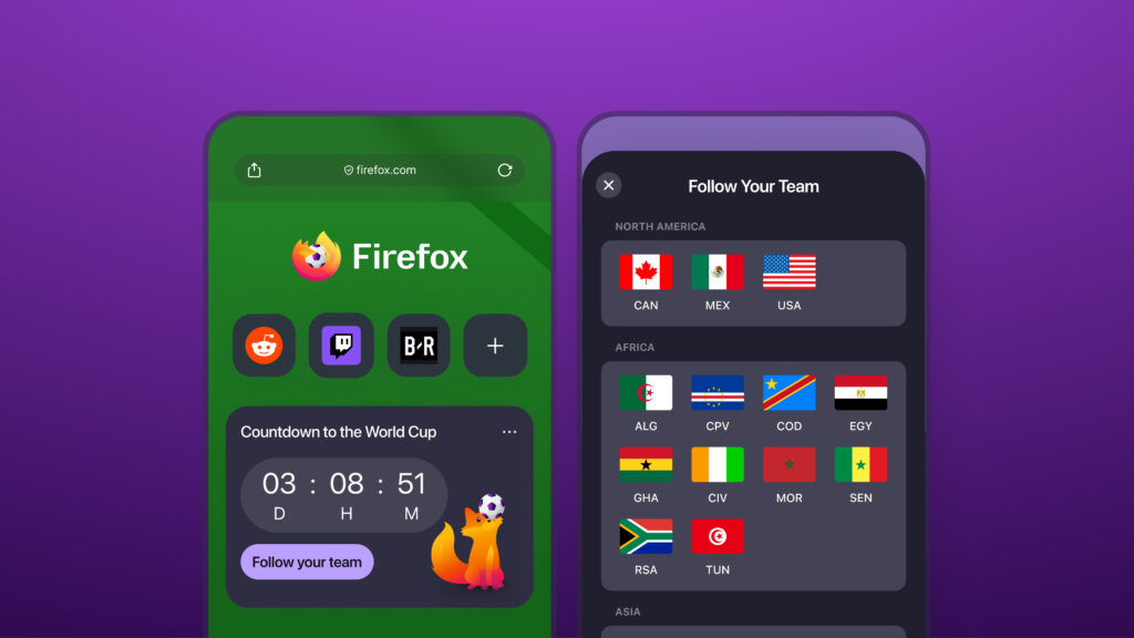 Firefox mobile World Cup widget lets fans follow teams and countdown to kickoff.