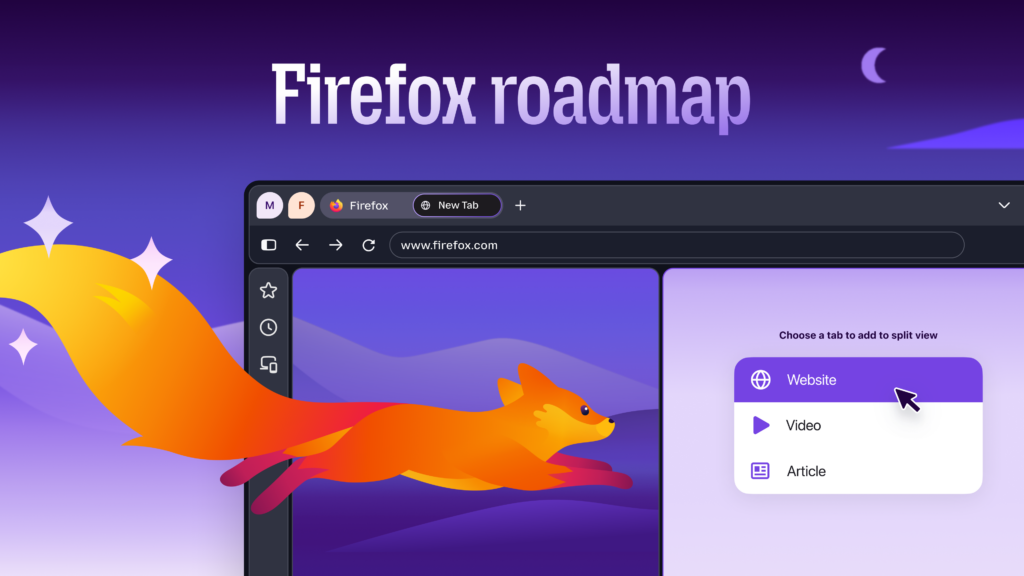 Firefox roadmap graphic with a fox running across a browser window and split view menu.