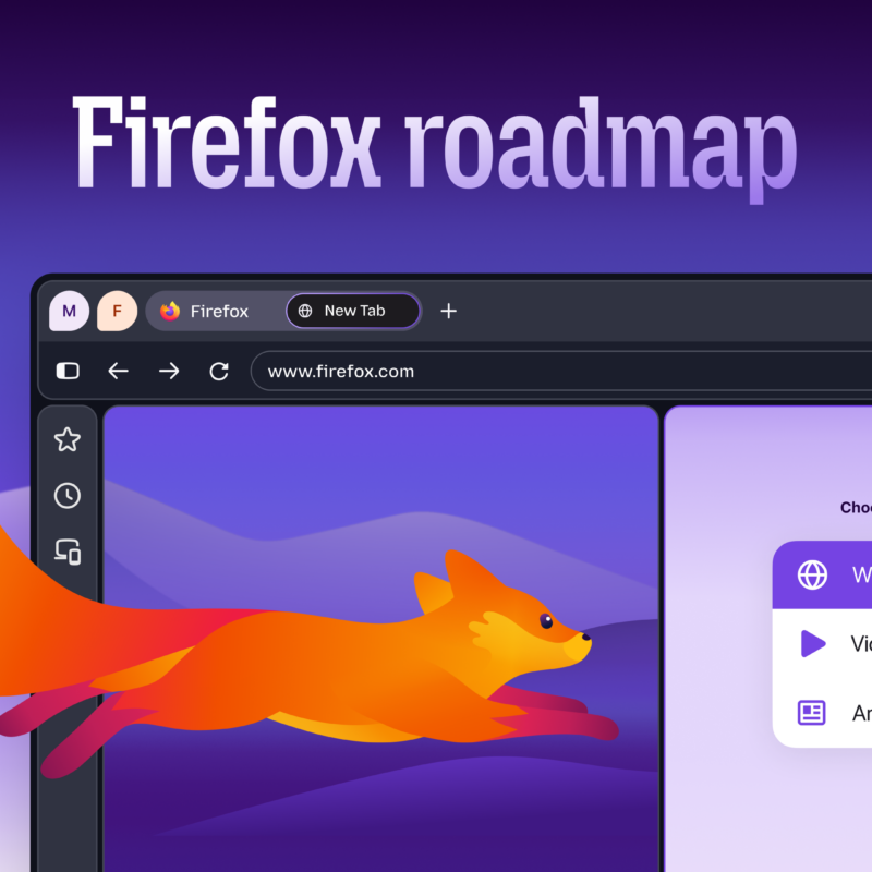 Firefox roadmap graphic with a fox running across a browser window and split view menu.