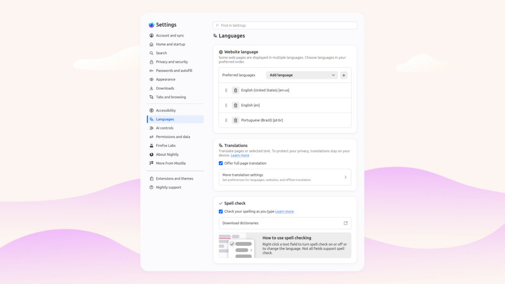 Firefox Languages settings page with website language, translation and spell check options