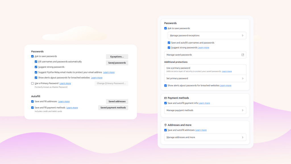 Firefox password and autofill settings shown before and after a redesigned interface.