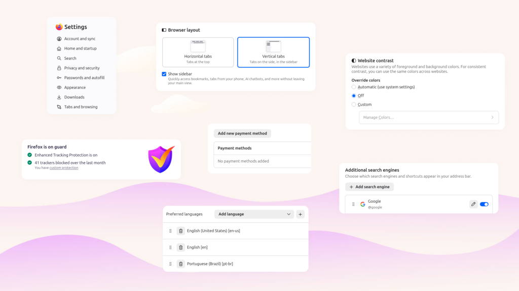 Firefox Settings redesign showing privacy, layout, languages, contrast and search engine controls
