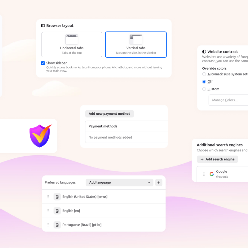 Firefox Settings redesign showing privacy, layout, languages, contrast and search engine controls