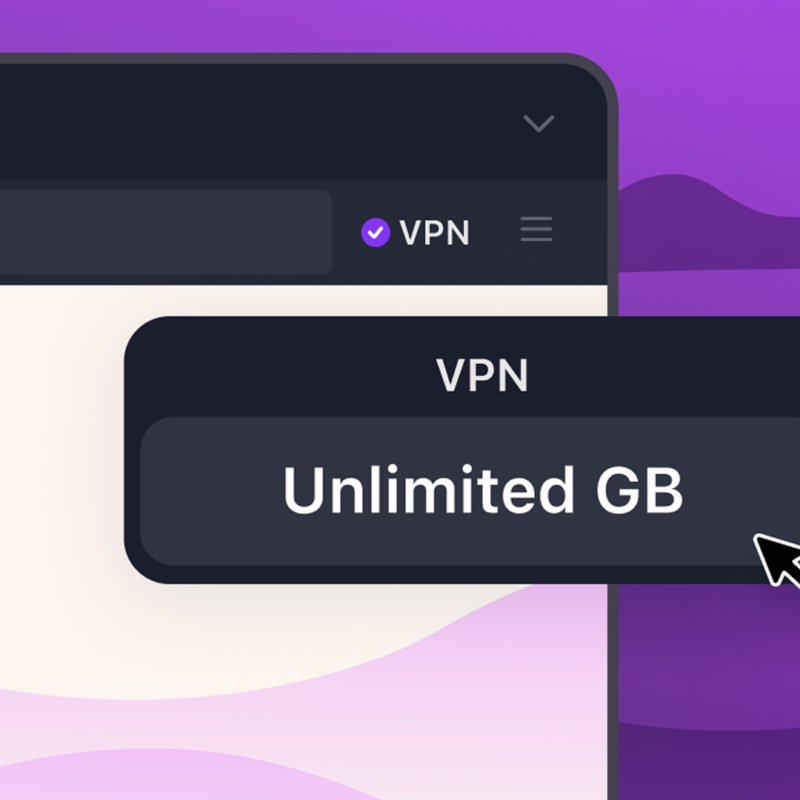 Alt Text: Mozilla VPN browser interface showing unlimited GB plan on a purple background