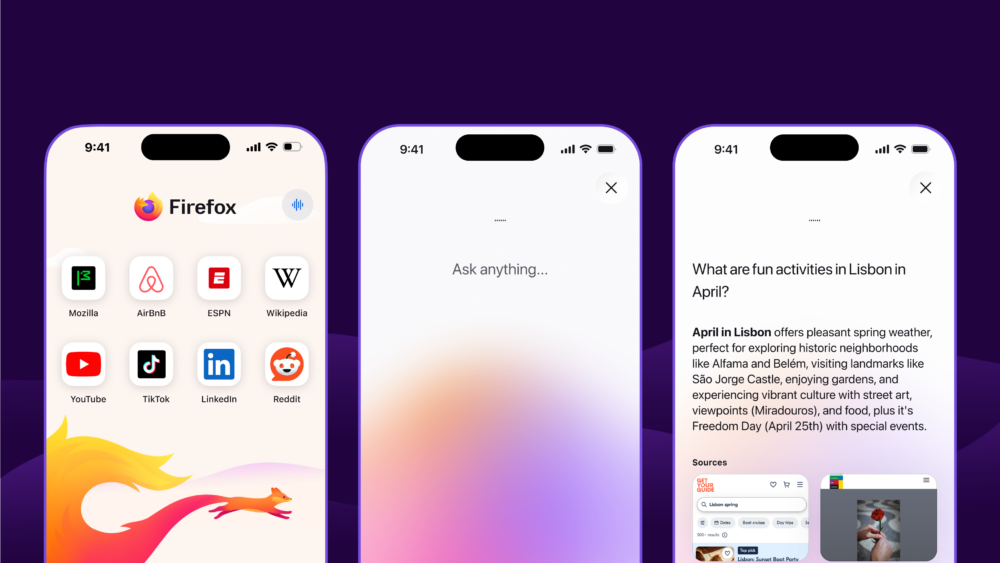 Three screenshots of Firefox for iOS showing Quick Answers. The first shows the Firefox home screen with a voice button, the second shows the voice input screen after activation, and the third displays a concise answer to a question about activities in Lisbon with links to supporting sources.