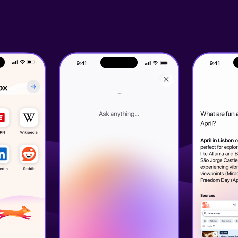 Three screenshots of Firefox for iOS showing Quick Answers. The first shows the Firefox home screen with a voice button, the second shows the voice input screen after activation, and the third displays a concise answer to a question about activities in Lisbon with links to supporting sources.