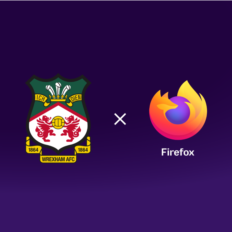 Wrexham AFC crest beside the Firefox logo on a purple background