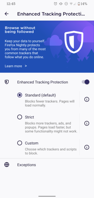 Enhanced Tracking Protection automatically blocks many known third-party trackers, by default, in order to improve user privacy online.